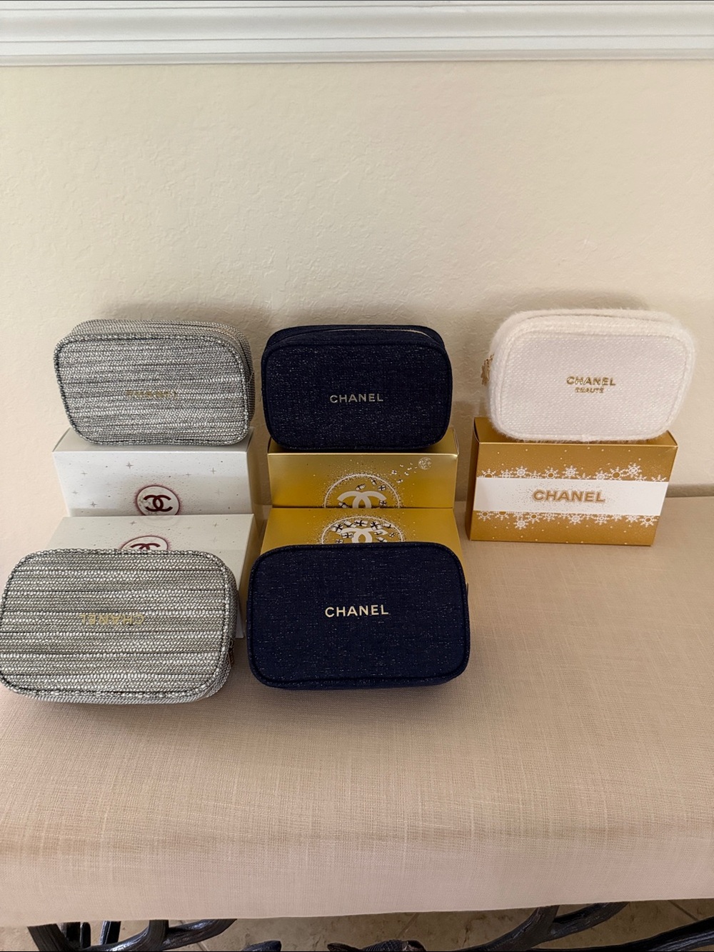 CHANEL cosmetics bags stripe navy and white